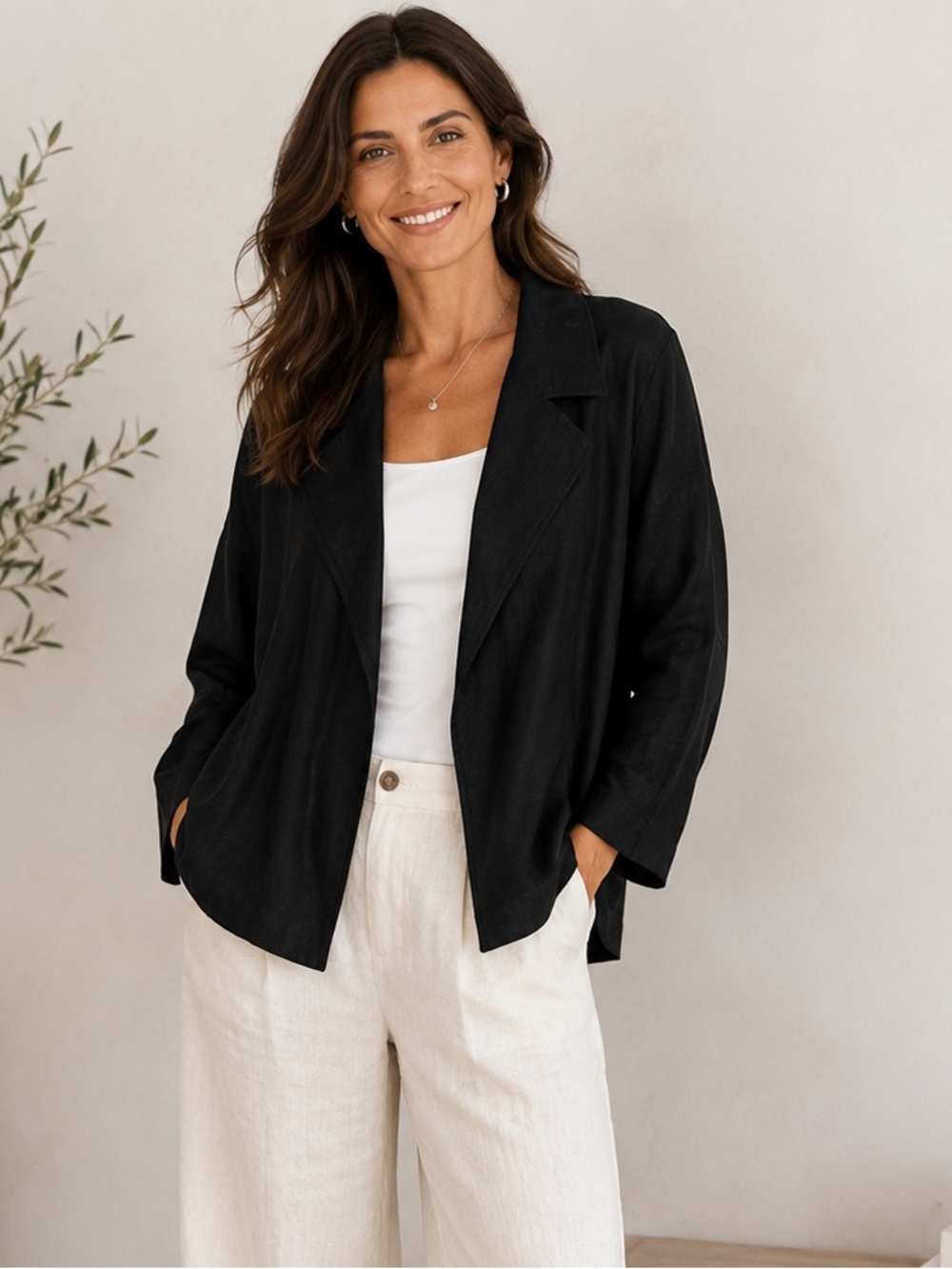 Eileen Fisher Black Open Front Lyocell Linen Blend Jacket Cardigan M Minimalist